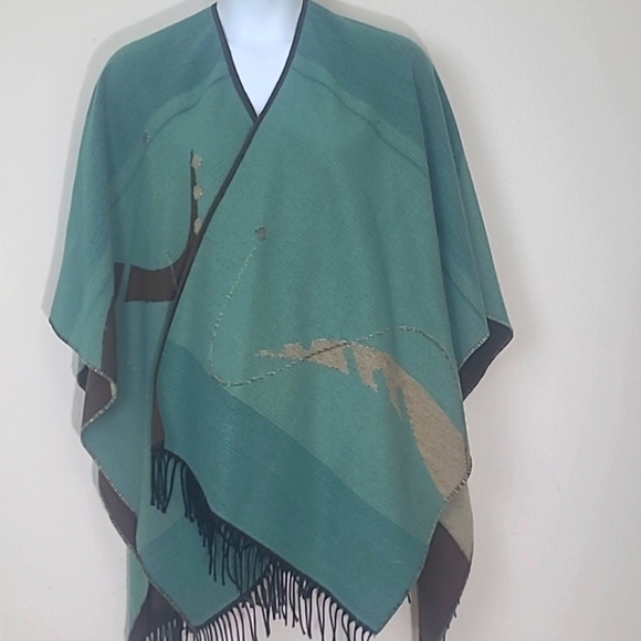 Reversible Ruana Wrap Cape Turquoise & Brown Soft Knit Boho Fringe Shawl XL 1 sz - Picture 6 of 14